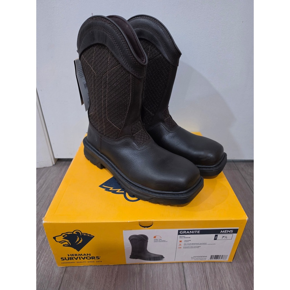 Herman Survivors Granite Mens 7.5 Steel Toe Leather Work Boots Brown Pull On